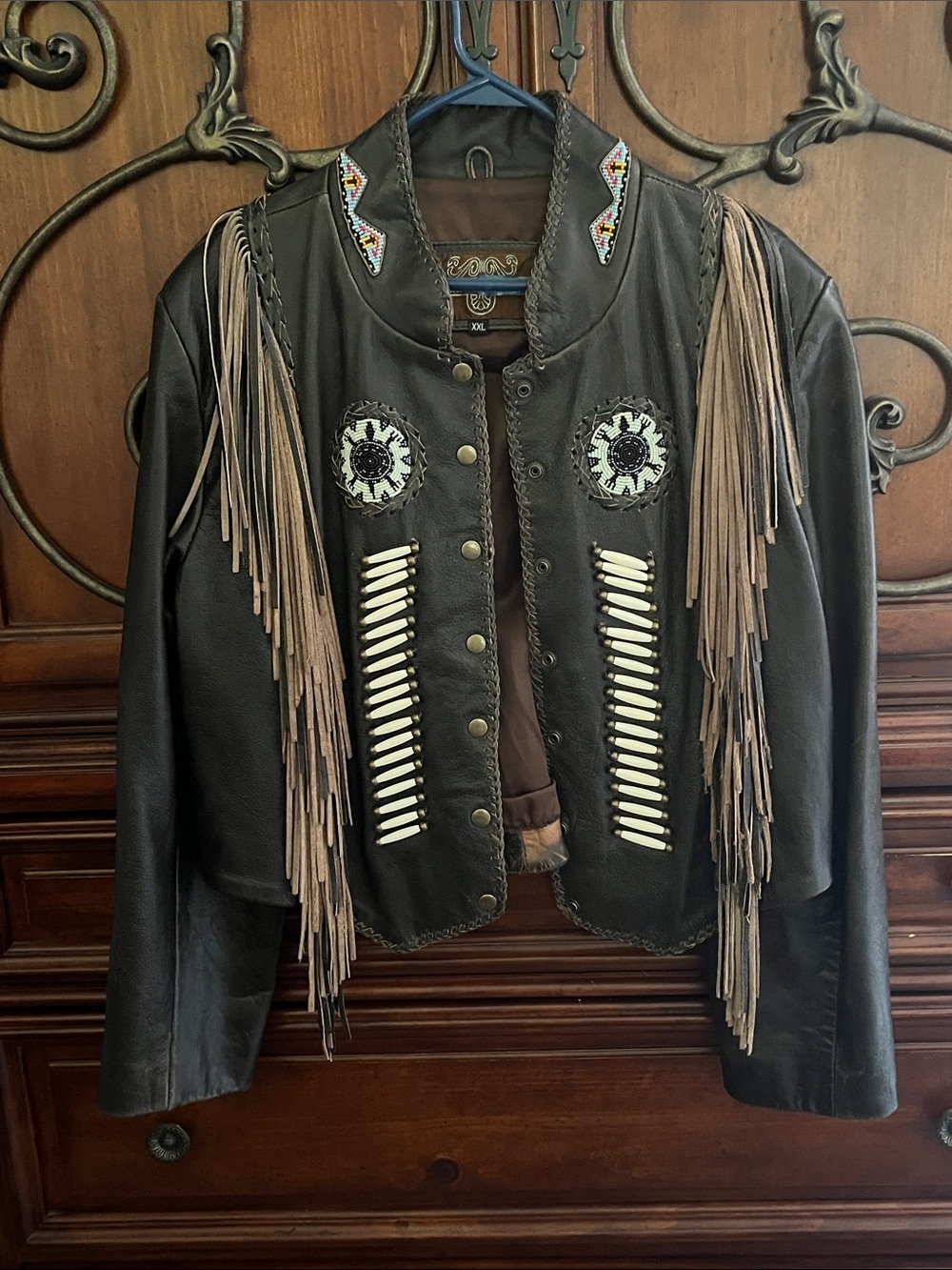 Fringed Black Leather Western Jacket with Tan Accents